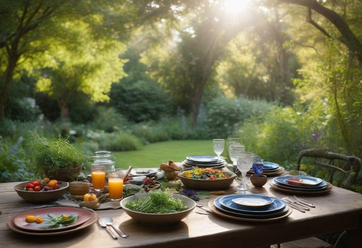 A serene table setting in a lush garden, featuring an array of colorful, fresh ingredients like herbs, vegetables, and spices thoughtfully arranged. In the background, a peaceful figure practices mindfulness through meditation, with soft, natural light filtering through the trees. The composition evokes both culinary exploration and a sense of tranquility. vibrant colors. super-realistic.