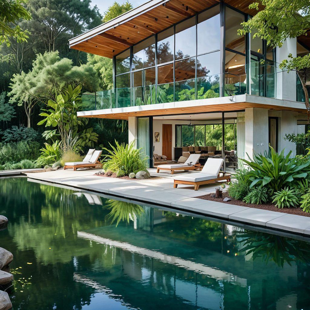 A serene landscape where wellness meets style, featuring a tranquil yoga retreat by a clear lake, surrounded by lush greenery and modern architecture. Include a stylish kitchen with fresh fruits and vegetables, interspersed with elegant dining settings, showcasing culinary delights. Add a person practicing yoga, exuding a sense of peace and adventure, with vibrant colors depicting the joy of healthy living. watercolor painting. vibrant colors.