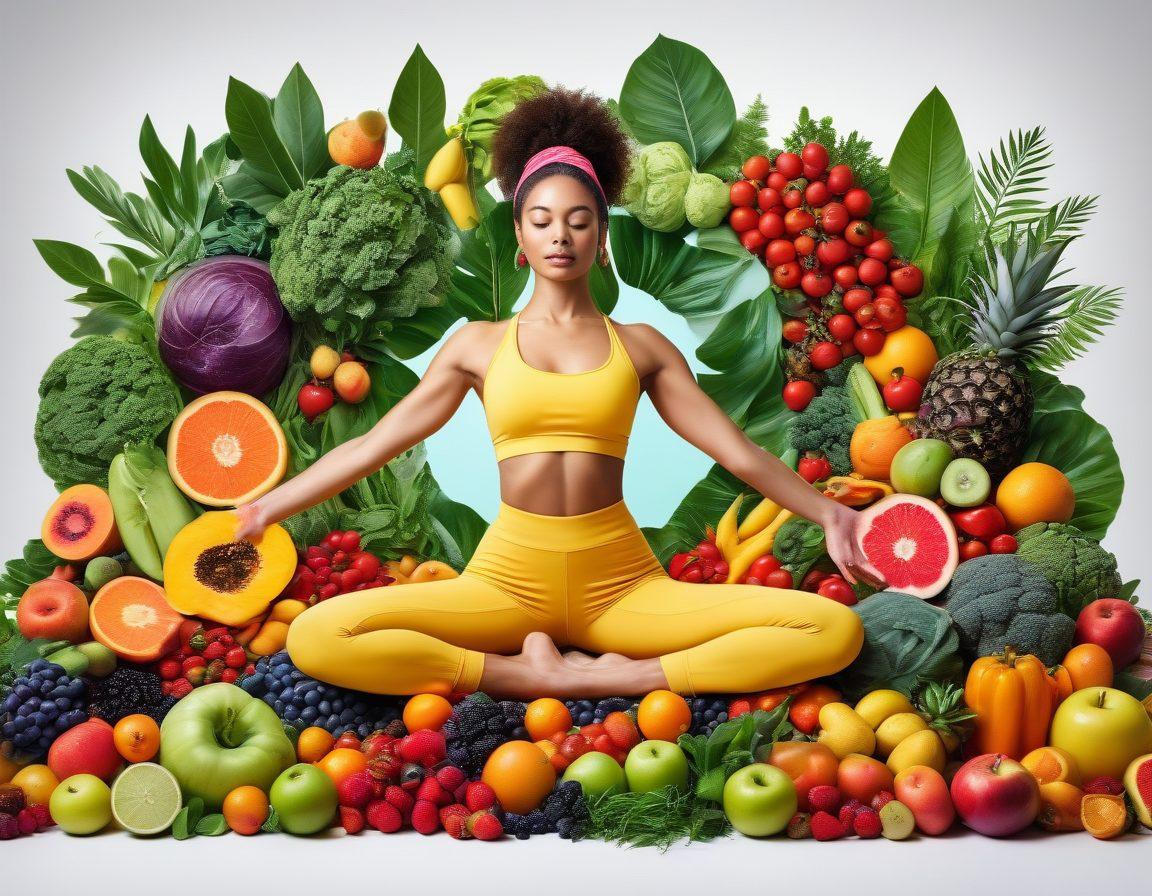 A vibrant collage of an individual in stylish workout attire, surrounded by lush greenery symbolizing growth, while engaged in yoga and meditation. Incorporate elements of colorful fruits and vegetables on one side and fashion accessories on the other, blending fitness with lifestyle. The atmosphere should exude positivity and dynamism, illustrated with bright and inviting colors. super-realistic. vibrant colors. white background.